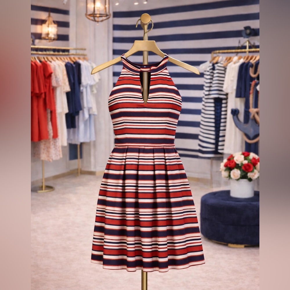❤️ KENSIE Striped Cutout Fit & Flare Dress – Hot Lava Combo